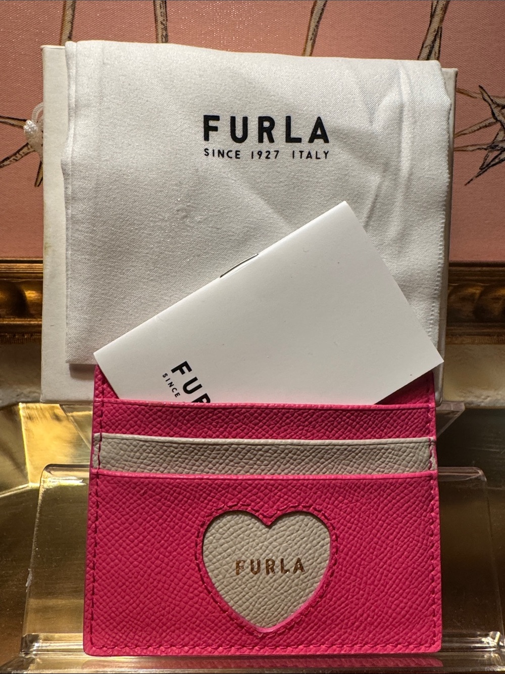 Furla Hot Pink and Taupe Heart Card Case